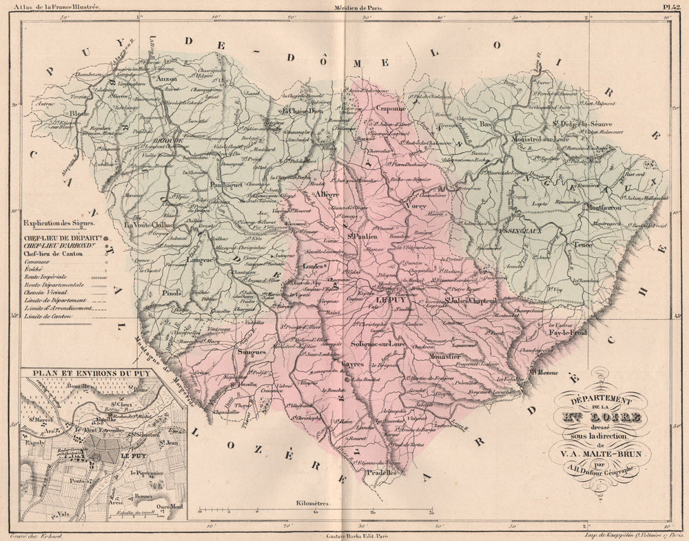 HAUTE-LOIRE. Carte du département. Plan et Environs Du Puy. MALTE-BRUN 1852 map