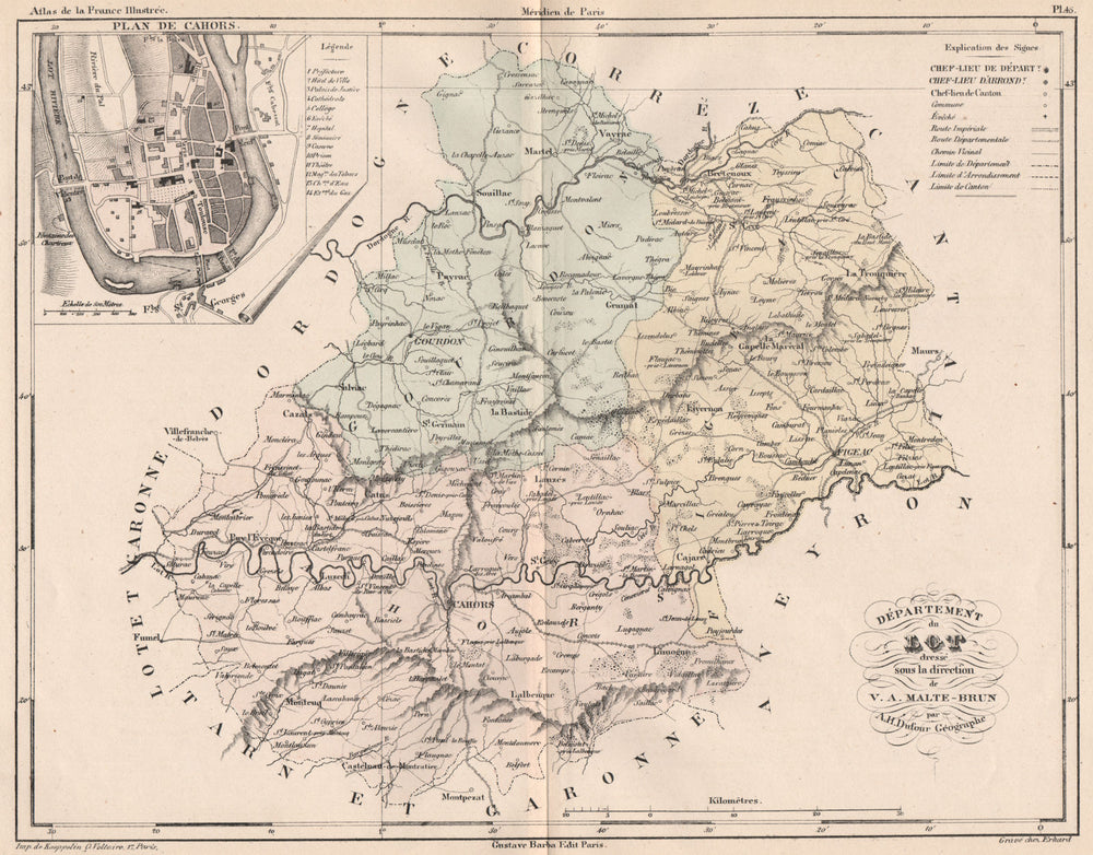 LOT. Carte du département. Plan de Cahors. MALTE-BRUN 1852 old antique map