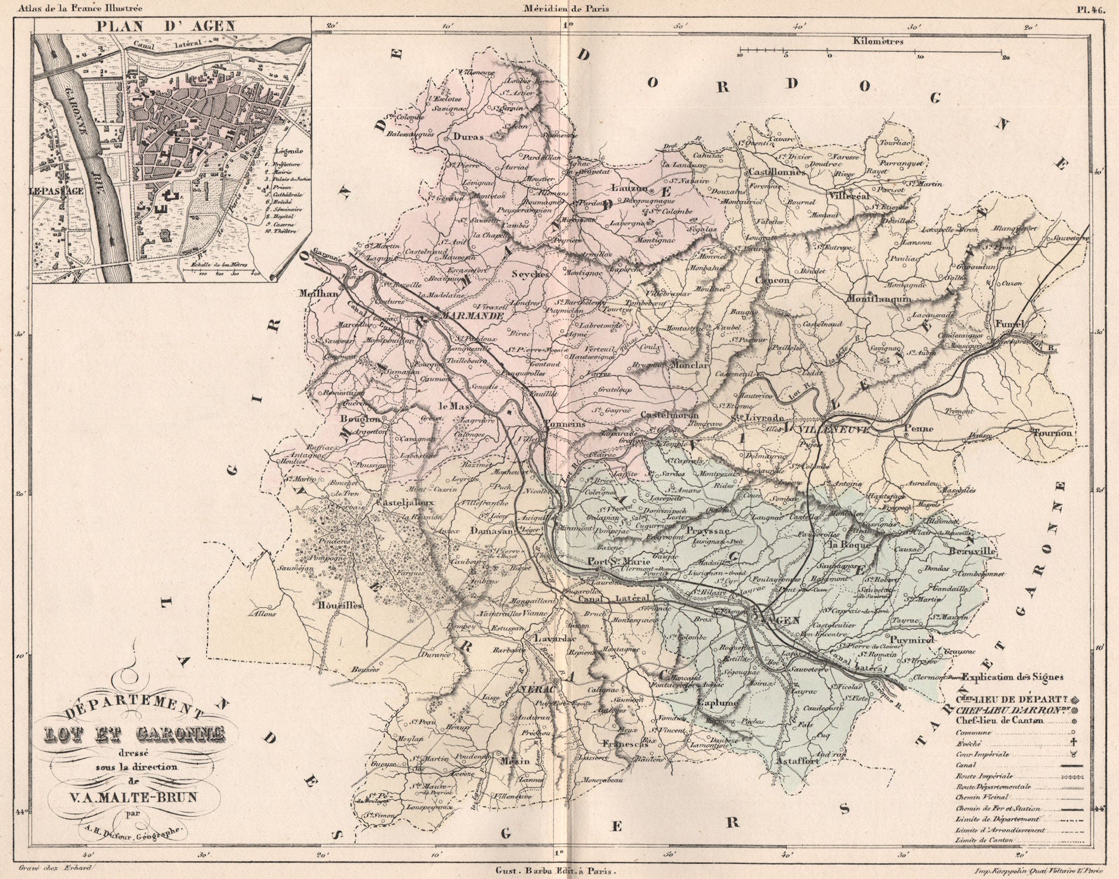 LOT-ET-GARONNE. Carte du département. Plan d'Agen. MALTE-BRUN 1852 old ...