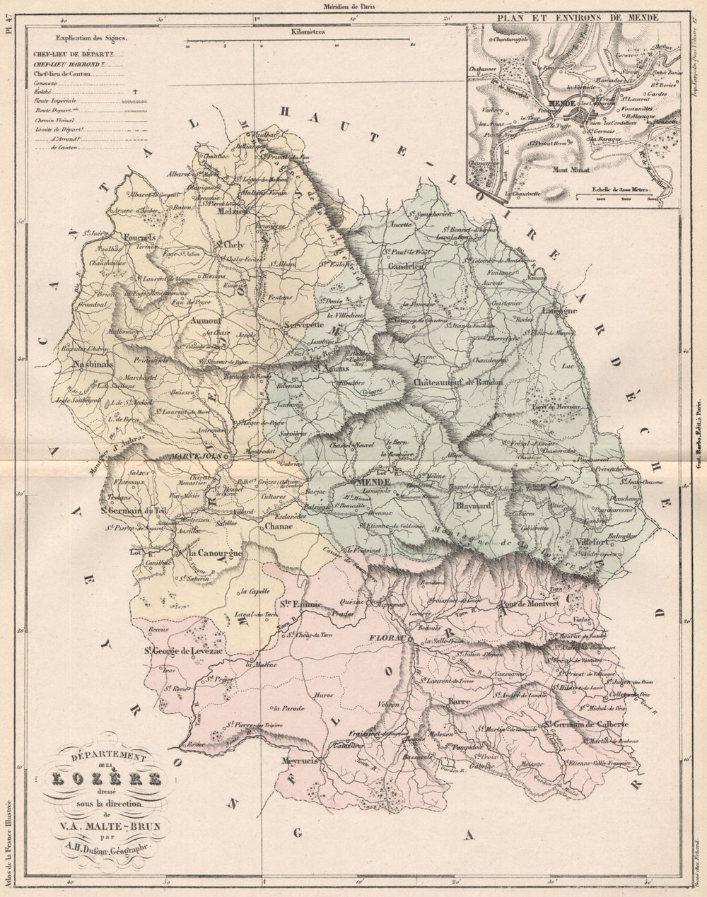 LOZÈRE. Carte du département. Lozere. Plan de Mende. MALTE-BRUN 1852 old map