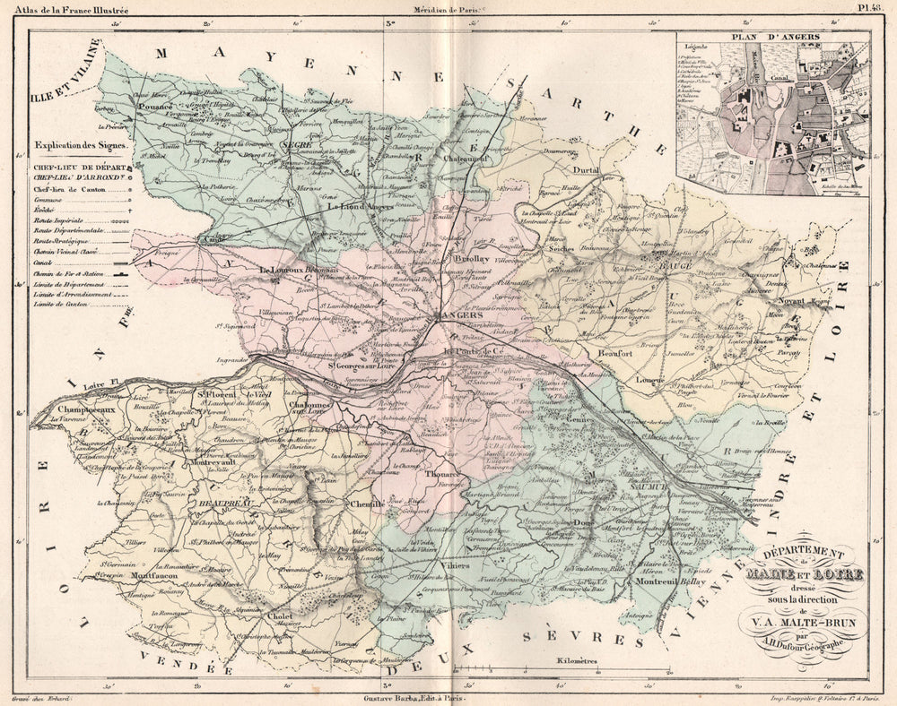 MAINE-ET-LOIRE. Carte du département. Plan d'Angers. MALTE-BRUN 1852 old map
