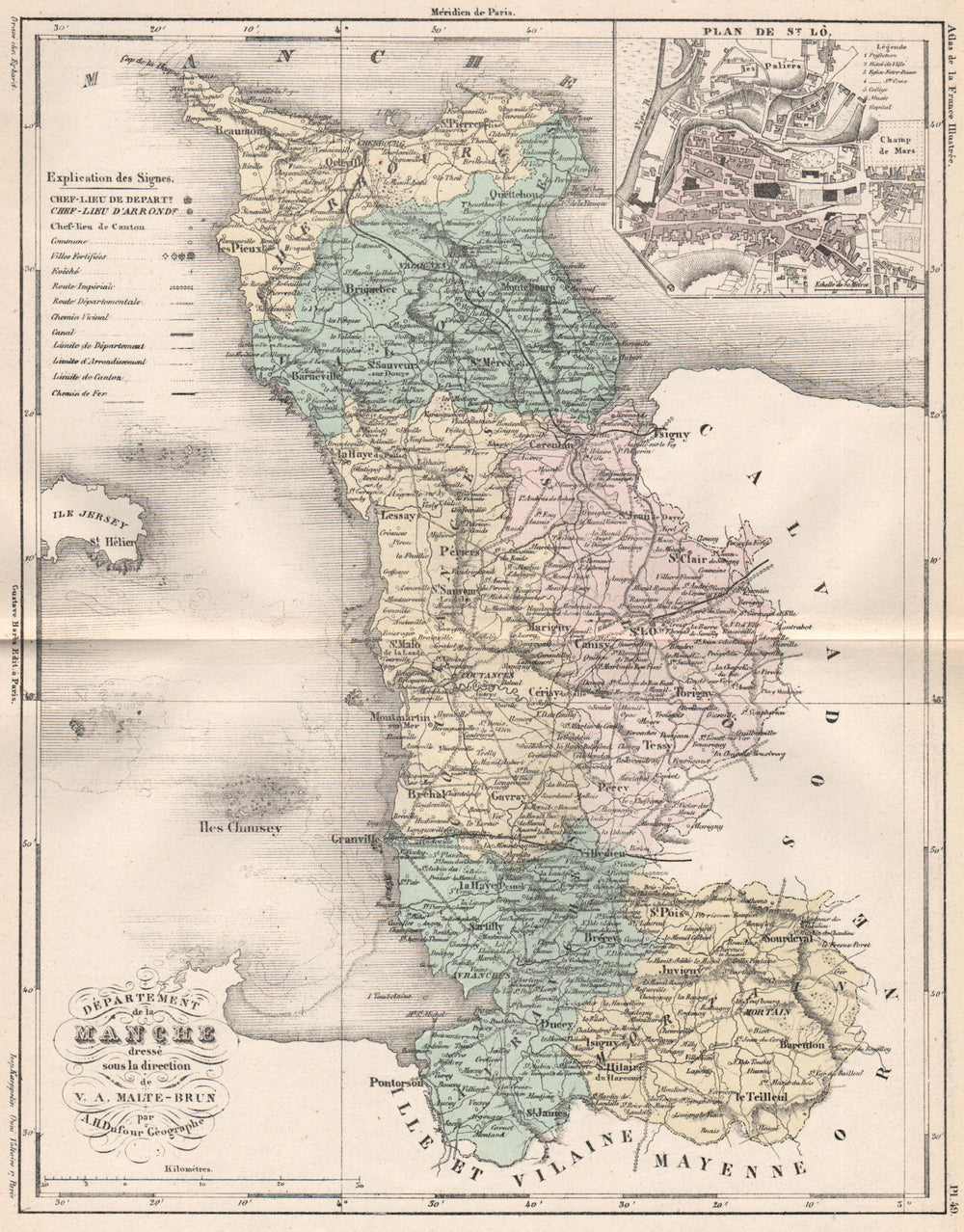MANCHE. Carte du département. Plan de St. Lô. MALTE-BRUN 1852 old antique map
