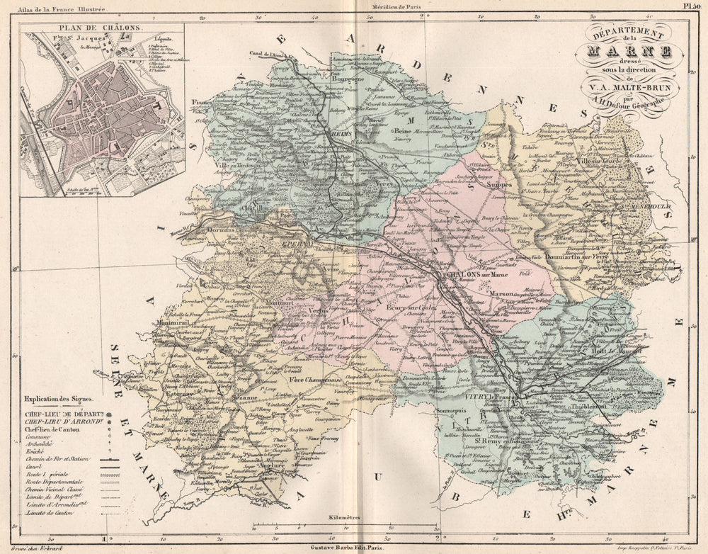 MARNE. Carte du département. Plan de Châlons. MALTE-BRUN 1852 old antique map