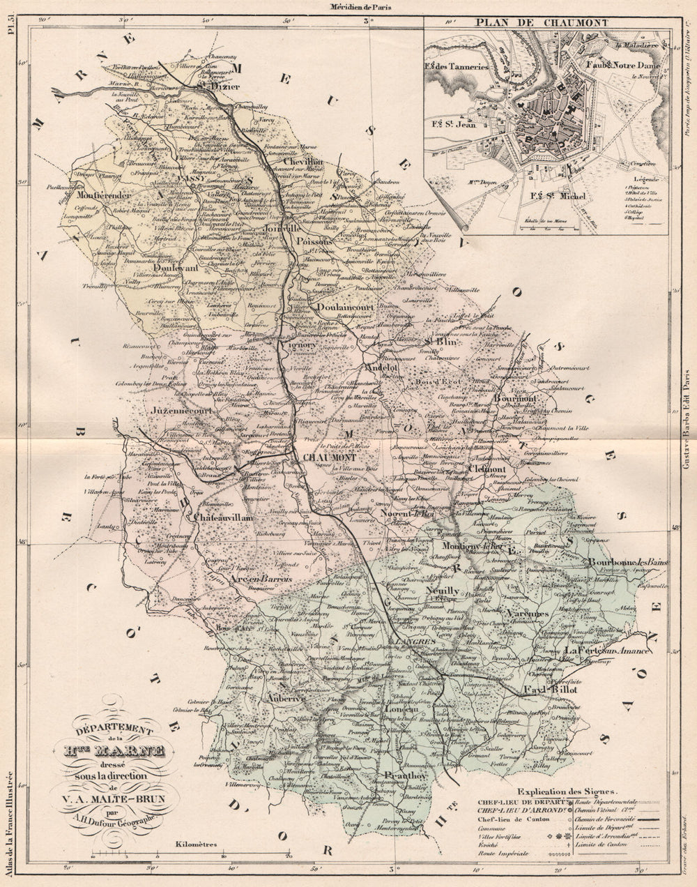 HAUTE-MARNE. Carte du département. Plan de Chaumont. MALTE-BRUN 1852 old map