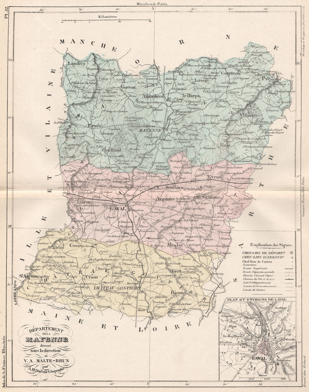 MAYENNE. Carte du département. Plan et Environs de Laval. MALTE-BRUN 1852 map