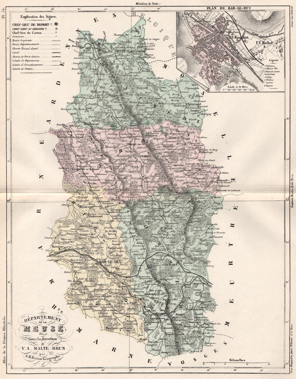 MEUSE. Carte du département. Plan de Bar-le-Duc. MALTE-BRUN 1852 old map