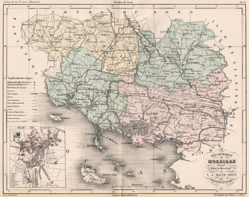 MORBIHAN. Carte du département. Plan de Vannes. MALTE-BRUN 1852 old map