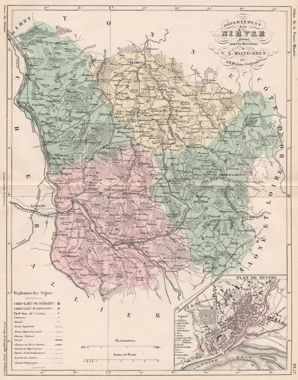 NIÈVRE. Carte du département. Nievre. Plan de Nevers. MALTE-BRUN 1852 old map