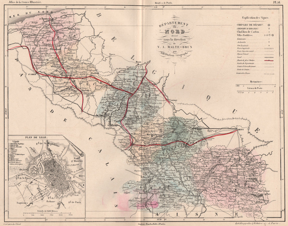 NORD. Carte du département. Plan de Lille. Railways. MALTE-BRUN 1852 old map