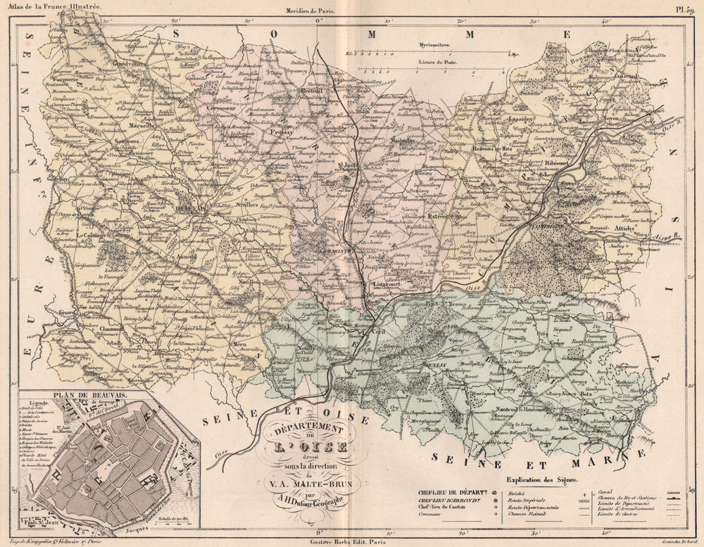 OISE. Carte du département. Plan de Beauvais. MALTE-BRUN 1852 old antique map