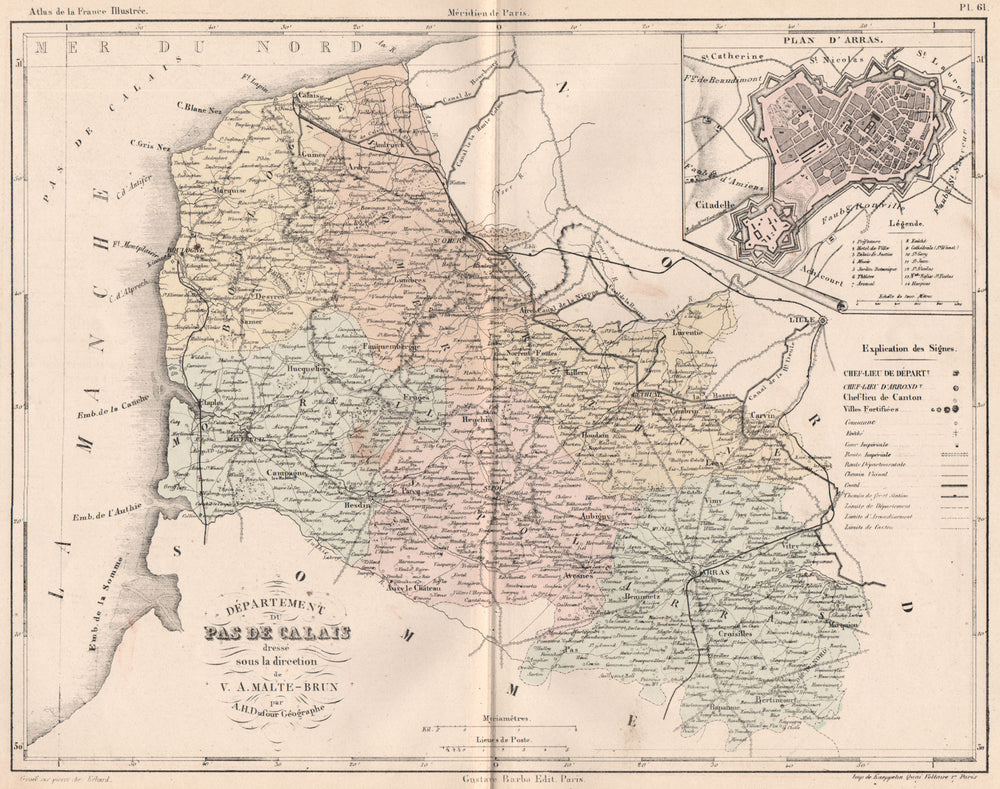 PAS-DE-CALAIS. Carte du département. Plan d'Arras. MALTE-BRUN 1852 old map