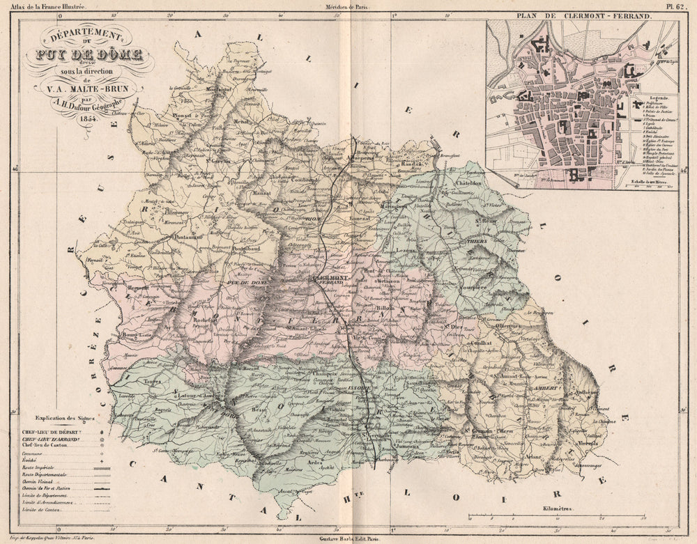 HAUTE-LOIRE. Carte du département. Plan de Clermont-Ferrand.MALTE-BRUN 1852 map
