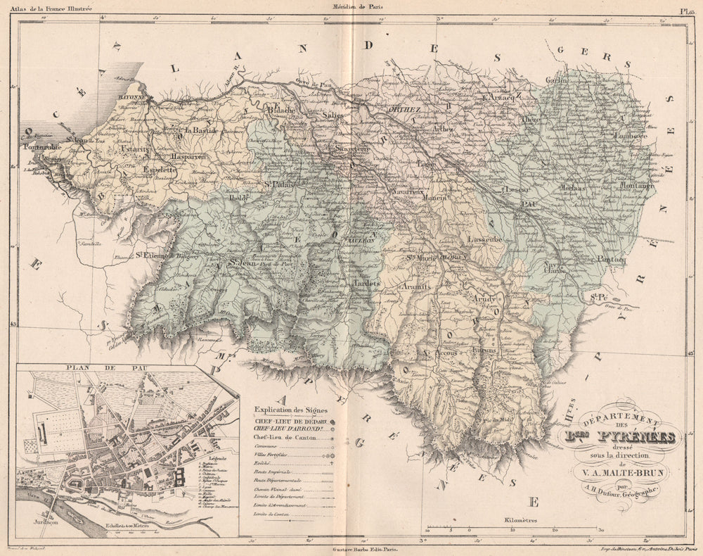 PYRÉNÉES-ATLANTIQUES. Département.Basses Pyrenees. Pau plan.MALTE-BRUN 1852 map