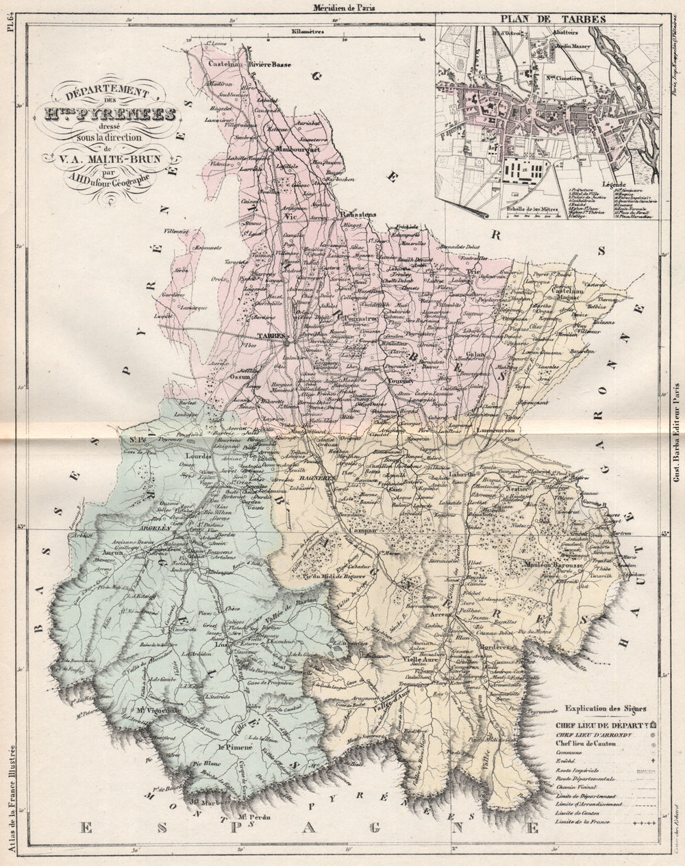HAUTES-PYRÉNÉES.Carte du département.Pyrenees. Tarbes plan. MALTE-BRUN 1852 map