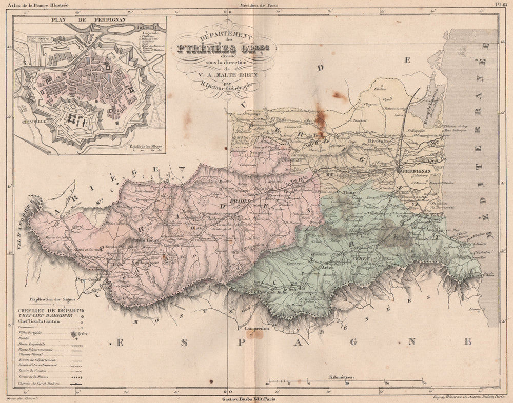 PYRÉNÉES-ORIENTALES.Carte départementale.Pyrenees.Perpignan.MALTE-BRUN 1852 map