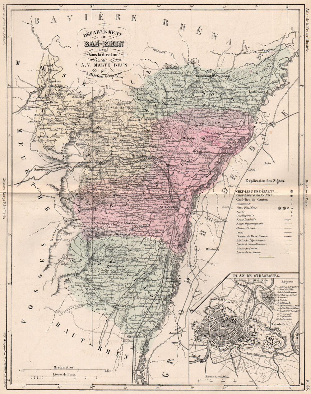 BAS-RHIN. Carte du département. Plan de Strasbourg. MALTE-BRUN 1852 old map