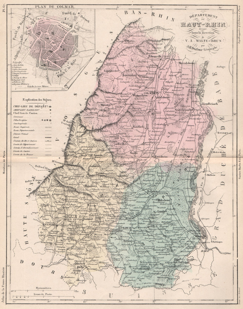 HAUT-RHIN. Carte du département. Plan de Colmar. MALTE-BRUN 1852 old map