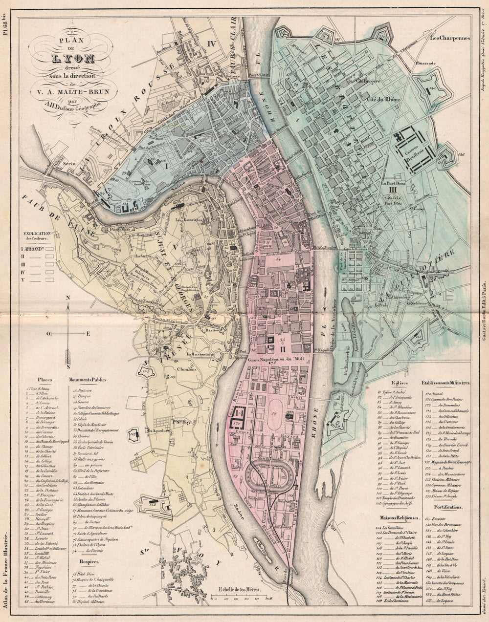 LYON LYONS. Antique town city plan. Rhone Rhône. MALTE-BRUN 1852 old map