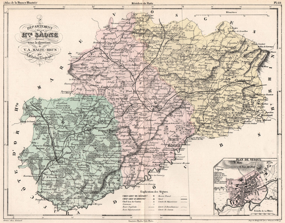 HAUTE-SAÔNE. Carte du département. Saone. Plan de Vesoul. MALTE-BRUN 1852 map