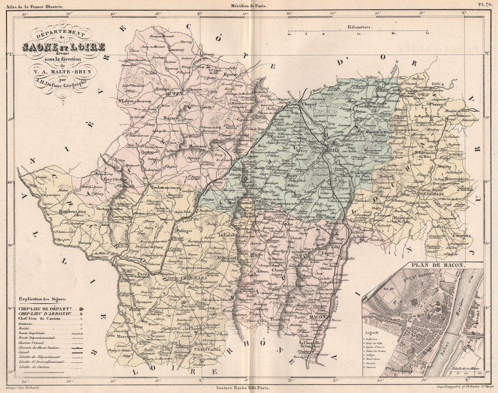 SAÔNE-ET-LOIRE. Carte du département. Saone. Plan de Mâcon. MALTE-BRUN 1852 map