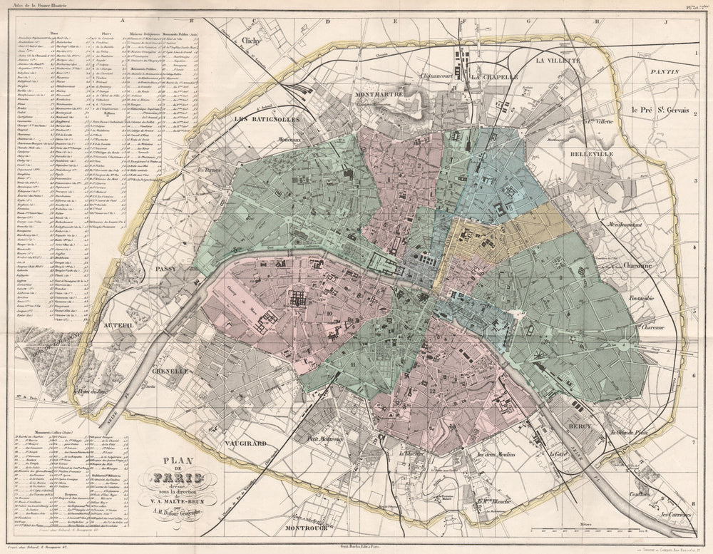 PARIS.Antique town city plan.Arrondissements.Fortifications.MALTE-BRUN 1852 map