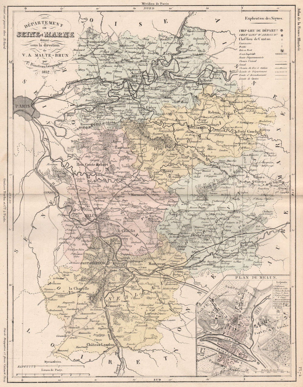 SEINE-ET-MARNE. Carte du département. Plan de Melun. MALTE-BRUN 1852 old map