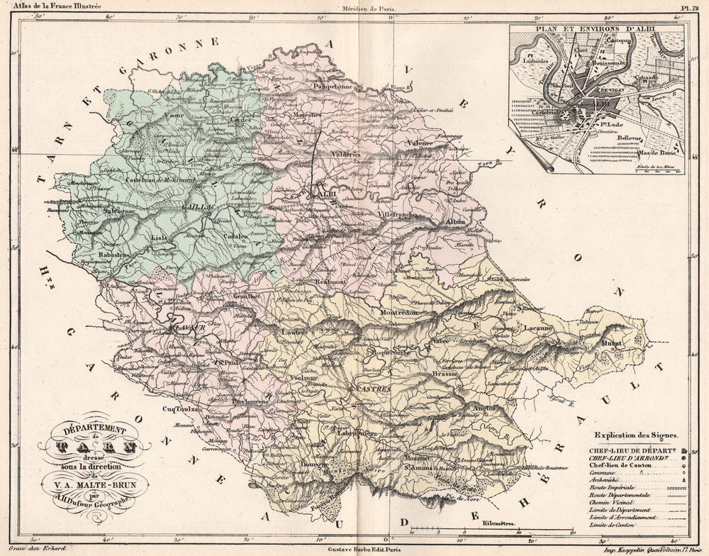 TARN. Carte du département. Plan et Environs d'Albi. MALTE-BRUN 1852 old map