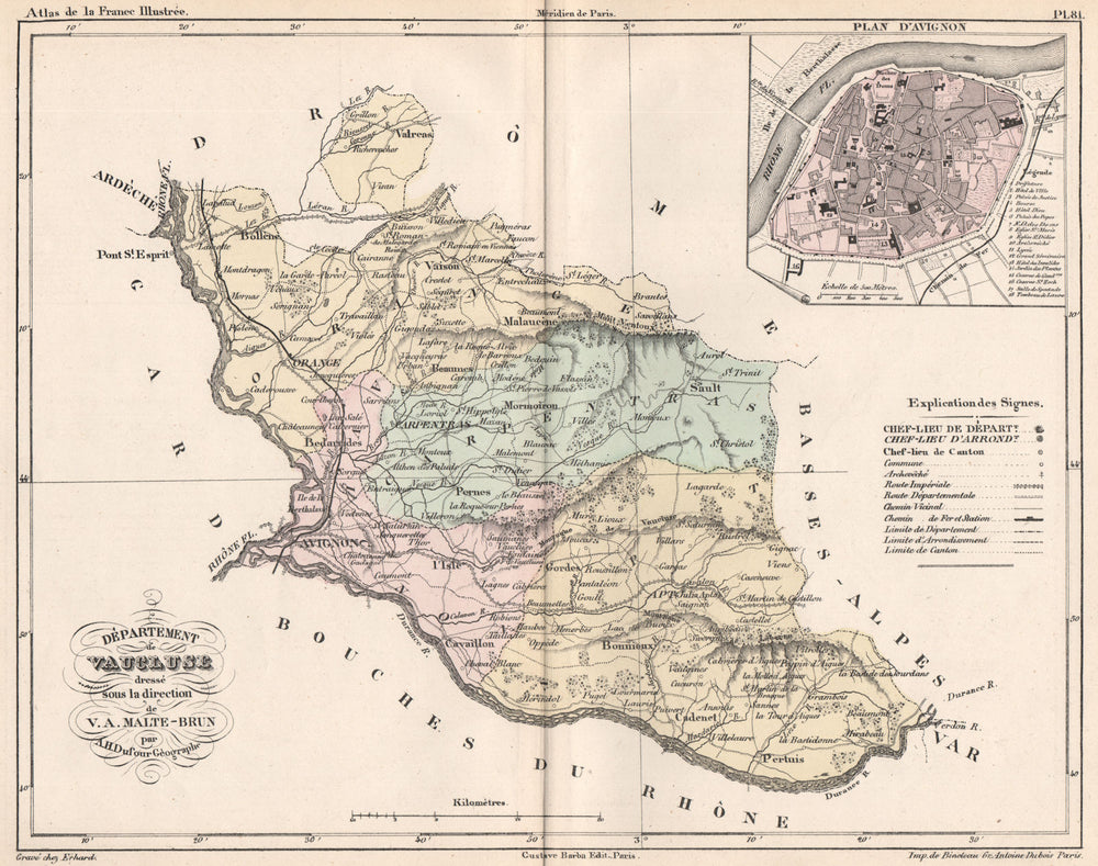 VAUCLUSE. Carte du département. Plan d'Avignon. MALTE-BRUN 1852 old map