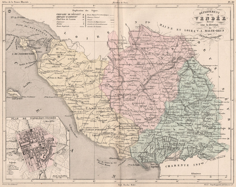 VENDÉE. Carte du département. Plan de Napoléon-Vendee. MALTE-BRUN 1852 old map