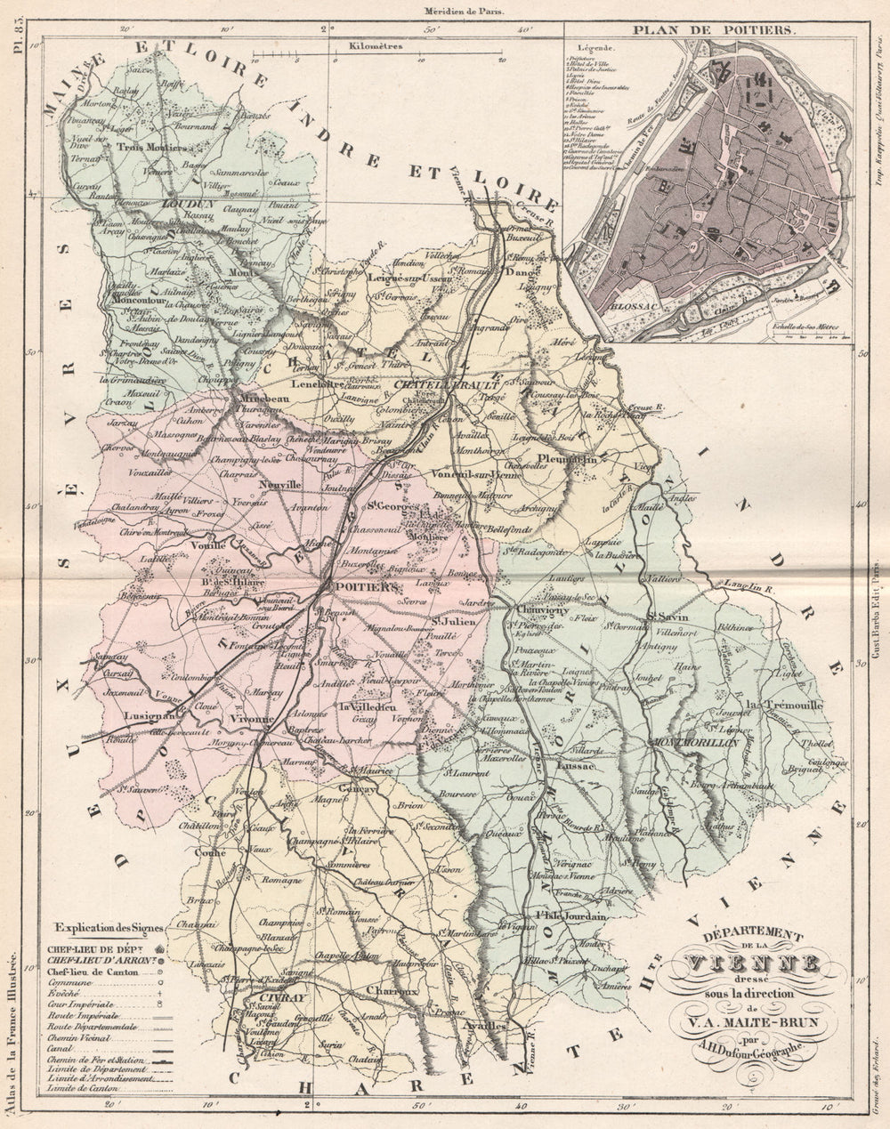 VIENNE. Carte du département. Plan de Poitiers. MALTE-BRUN 1852 old map