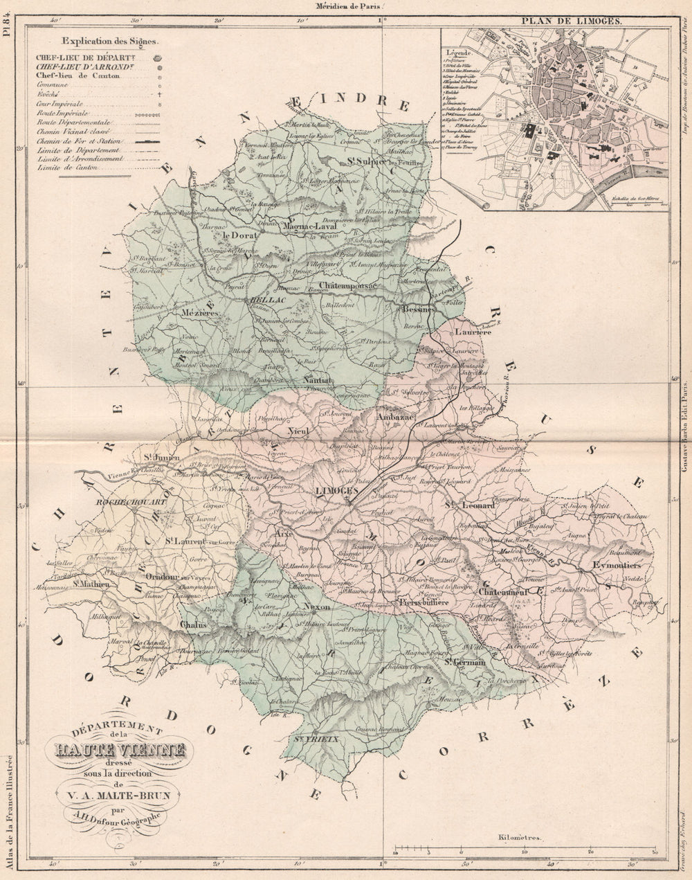 HAUTE-VIENNE. Carte du département. Plan de Limoges. MALTE-BRUN 1852 old map