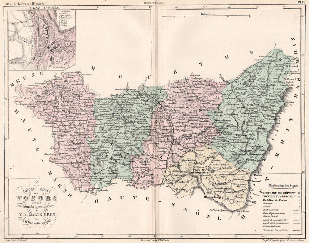 VOSGES. Carte du département. Plan d'Epinal. MALTE-BRUN 1852 old antique map