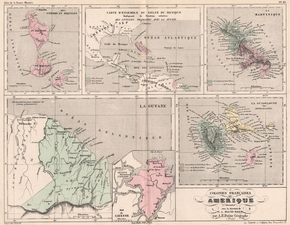 COLONIES FRANCAISES. St Pierre Miquelon Guyane Martinique Guadeloupe 1852 map