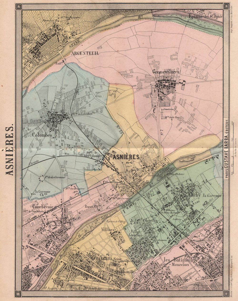 PARIS. Asnières Neuilly Courbevoie Argenteuil Colombes Clichy Levallois 1860 map