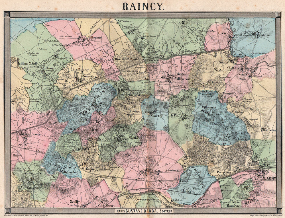 PARIS NE. Raincy Rosny Chelles Claye Villepinte Villevaude Aunay Bondy 1860 map