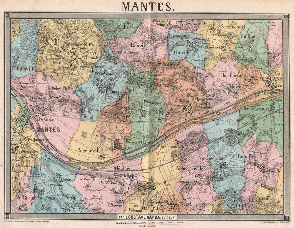 YVELINES. Mantes. Mézières Meulan Mezy Brueil Epone Aubergenville 1860 old map