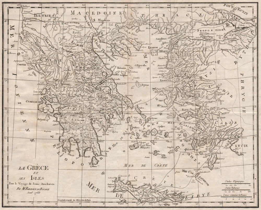 GREECE. "La Grèce et ses Isles". Aegean Crete. BARBIÉ DU BOCAGE 1790 old map