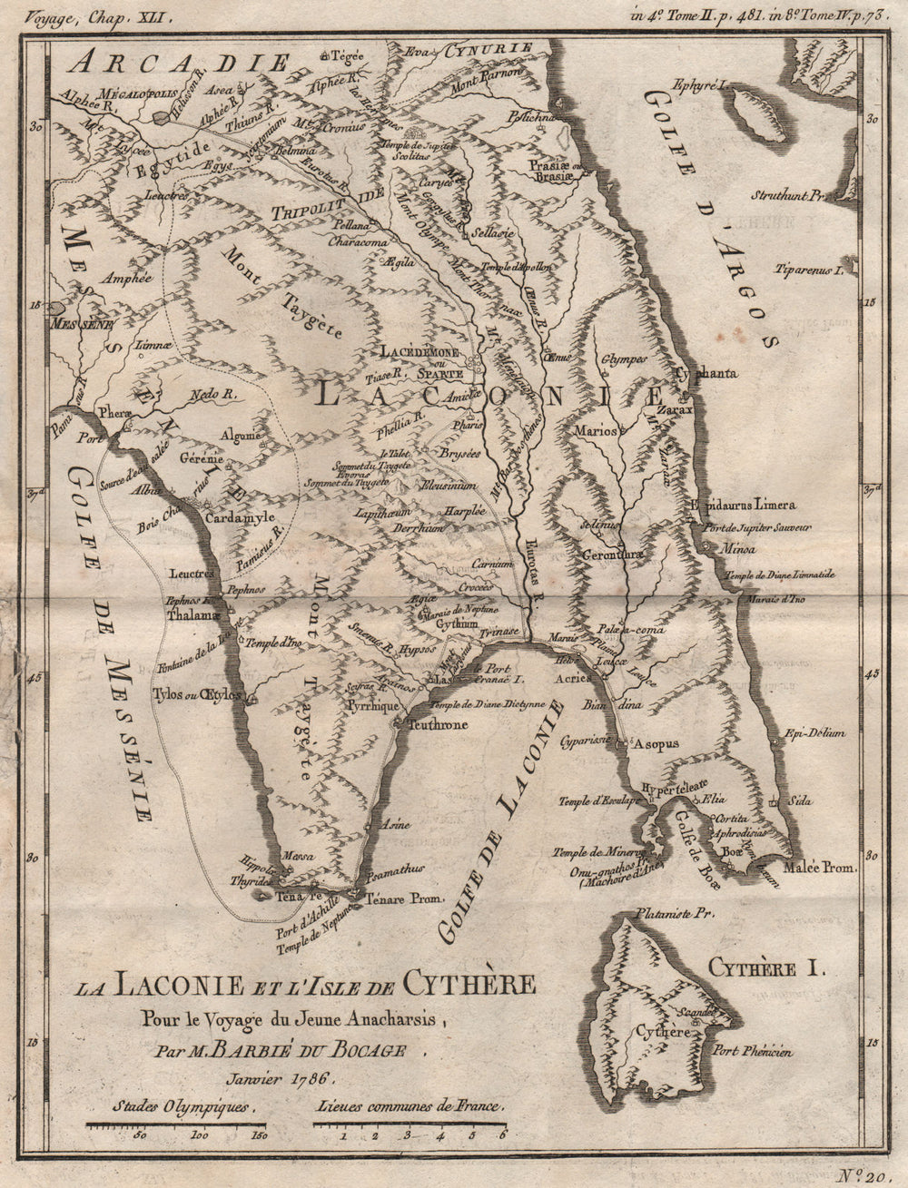 ANCIENT GREECE. Laconie (Laconia) & Cythère (Kythira). BARBIÉ DU BOCAGE 1790 map