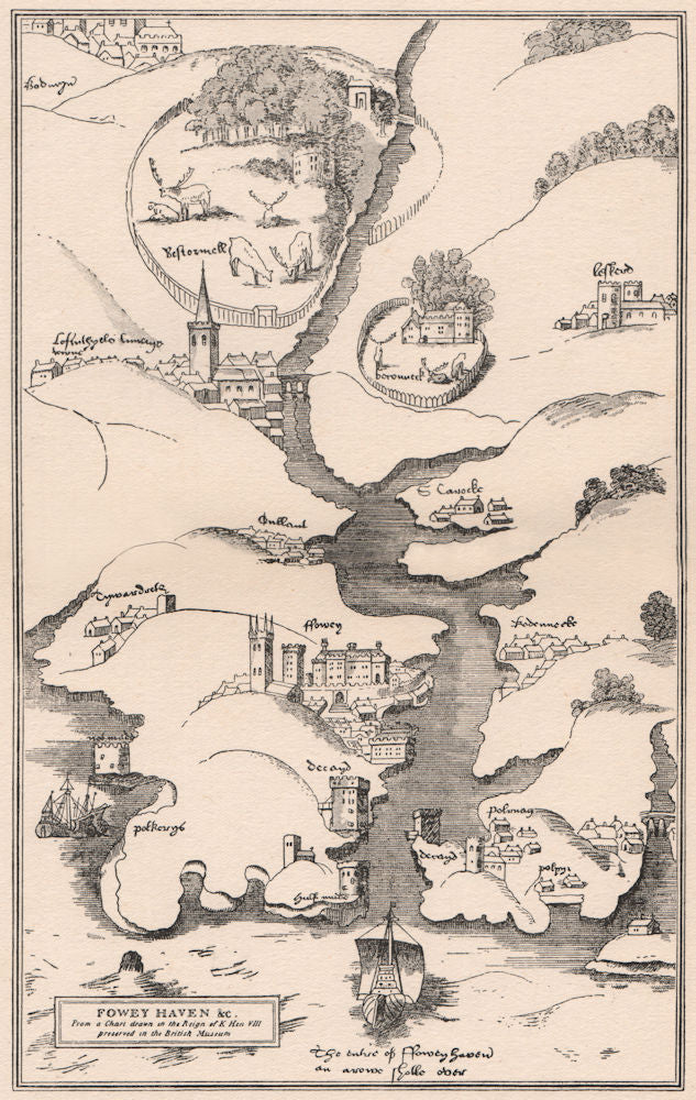 FOWEY HAVEN. Sketch plan taken from a 16th Century map 1915 old antique
