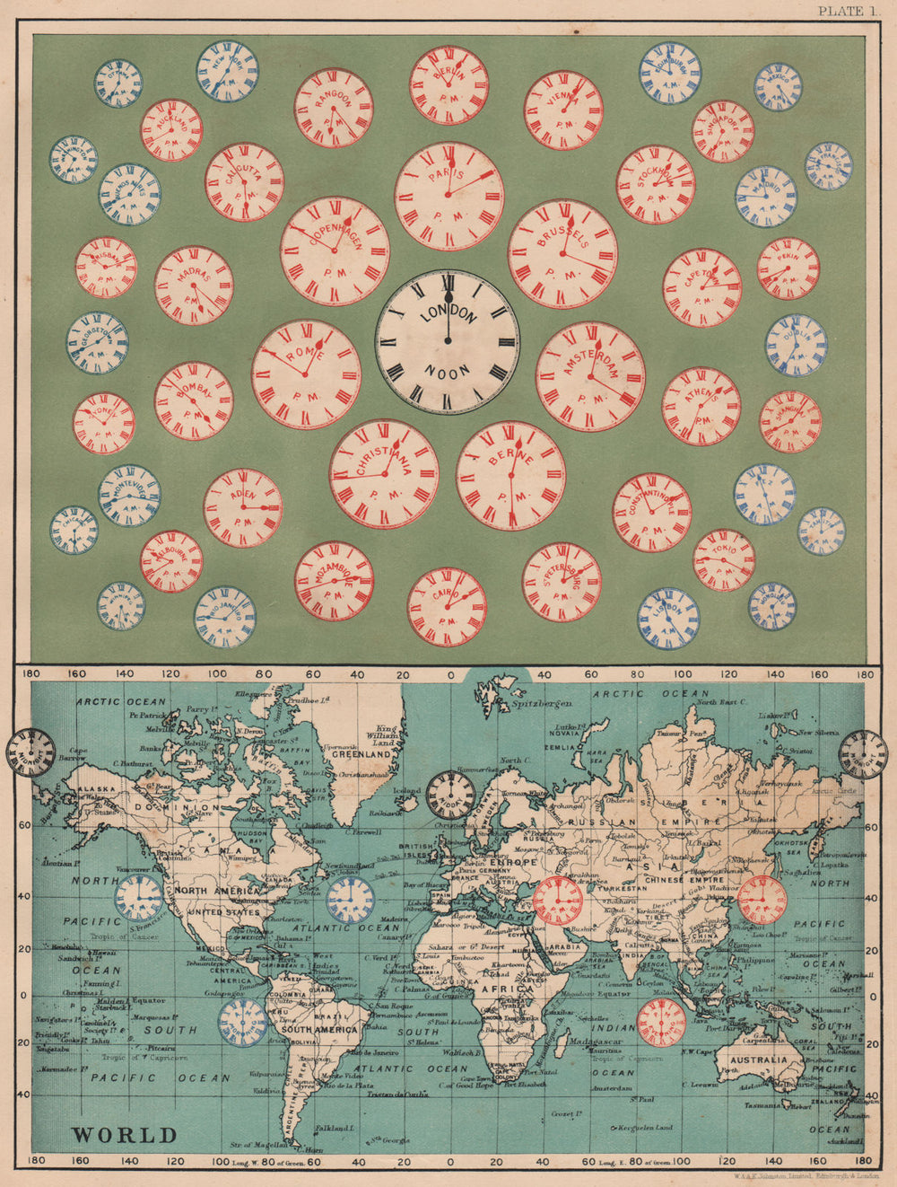 TIME OF ALL NATIONS. predates UTC/standard hourly time zones. JOHNSTON 1906 map