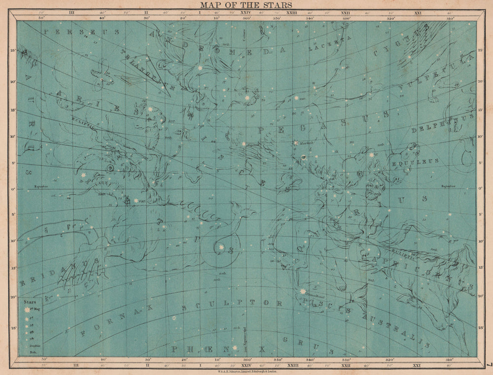 ASTRONOMY. Star map. Andromeda Pegasus Aries Pisces Aquarius. JOHNSTON 1906