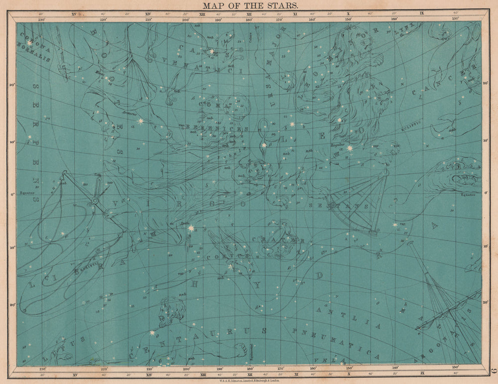 ASTRONOMY. Star map. Virgo Hydra Leo Serpens Centaurus Libra. JOHNSTON 1906