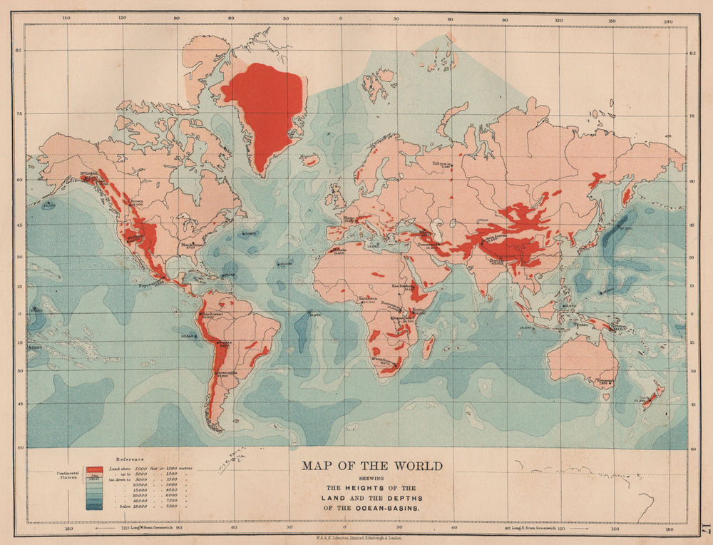 WORLD RELIEF. Mountain heights. Ocean depths. JOHNSTON 1906 old antique map