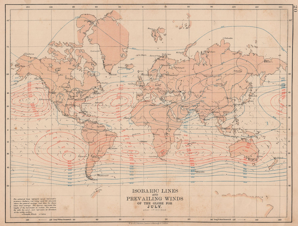 WORLD. Isobaric lines & Prevailing Winds of the Globe. July. JOHNSTON 1906 map
