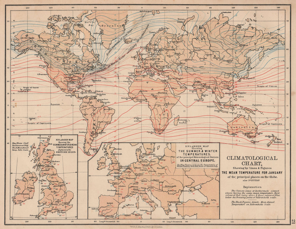 WORLD CLIMATE. January temperature. Summer/winter Europe. JOHNSTON 1906 map