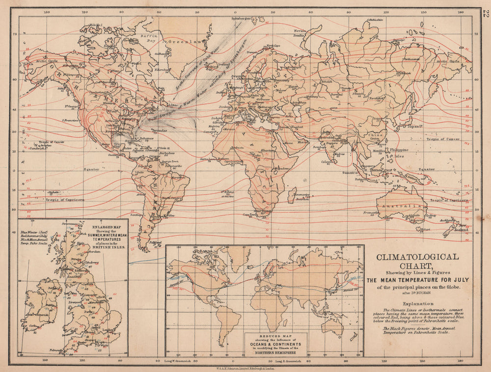 WORLD CLIMATE. July temperature. Summer/winter Europe. JOHNSTON 1906 old map