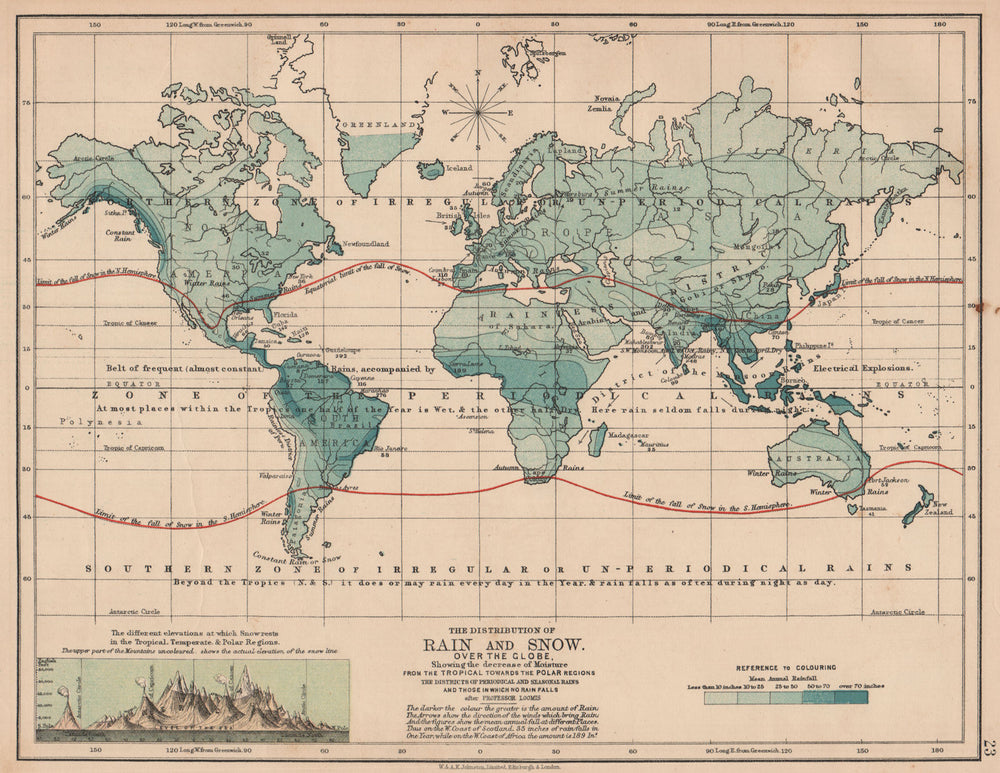 WORLD PRECIPITATION. Rainfall. Limit of Snowfall. Snowline. JOHNSTON 1906 map