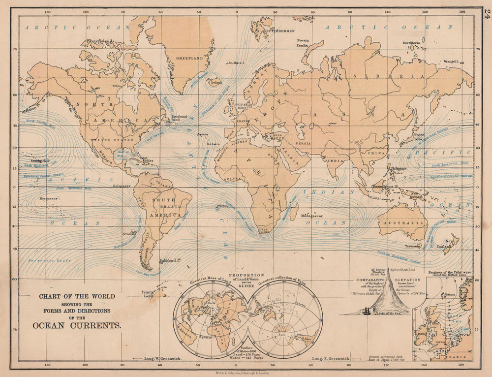 WORLD OCEAN CURRENTS. Shows progress of North Sea tidal wave. JOHNSTON 1906 map