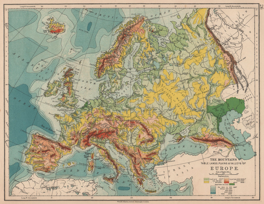 EUROPE RELIEF. Mountains Table lands Plains Valleys. JOHNSTON 1906 old map