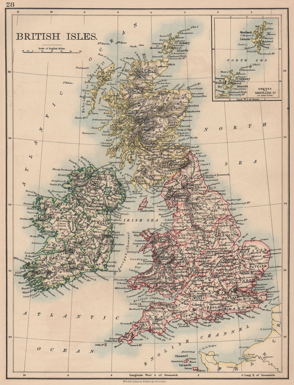 BRITISH ISLES. England Ireland Scotland Wales. Counties. JOHNSTON 1906 old map